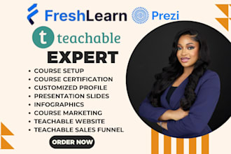 design an engaging freshlearn, teachable, prezi online course website and lms