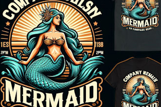 design a stunning vintage mermaid logo with t shirt design