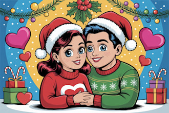 draw romantic christmas couple pop art in cute cartoon style