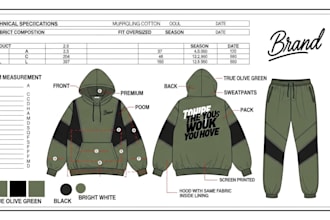 design fashion tech pack for street wear active wear hoodies flat sketch design