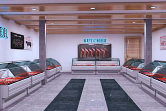 provide 3d butcher shop design, meat shop, store design, retail shop