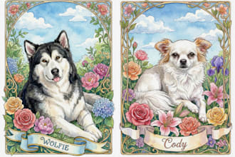 draw pet portrait in floral fairytale style with name
