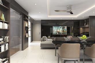 enhance living room interior, furniture layout, dinning space, 3d shelves setup
