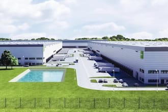 construct 3d industrial complex,exterior logistic warehouse,cgi site plan render