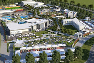 design sport complex exterior,outdoor court, render golf course,landscape design