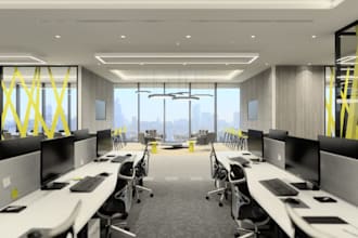 reskin 3d office space render,lounge area,glass partition, ergonomic workstation