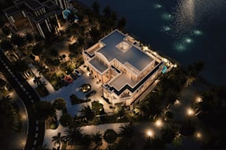 design luxury 3d property,villa,backyard private resort,pool,courtyard,barbecue
