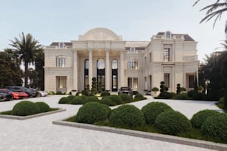 redesign classic,neoclassical villa,tower,basement parking,rooftop terrace,cgi