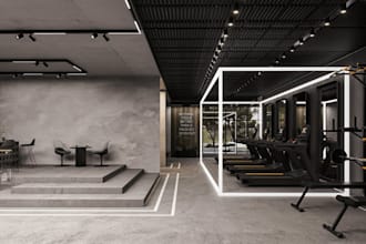render 3d gym, fitness center, sport club, interior design, spa,equipment layout