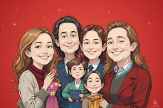 draw a family, office christmas, holiday card caricature