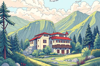 draw a building, landscape into vector art illustration