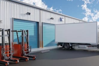 warehouse industrial building,factory facility,cgi exterior,site plan,truck park