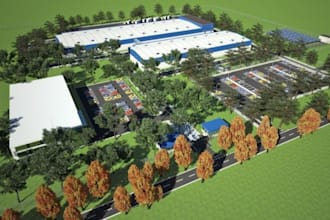 design photorealistic 3d warehouse and factory exterior renders