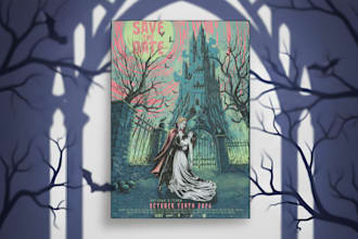 illustrate your love story as a film poster save the date wedding invitation
