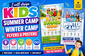create kids summer camp, winter camp flyers and posters