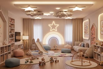 do realistic 3d kids playroom kindergarten, play area 3d kids room