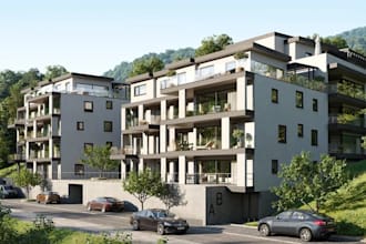 render 3d apartment building, building complex exterior, real estate, interior