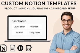 setup notion templates, wishlist, journaling dashboard, product launch plan