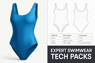 create a production ready swimwear clothing tech pack bag and beachwear design