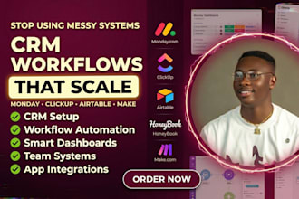 crm expert for monday com clickup airtable setup make com honeybook automation
