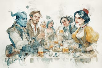 draw fantasy art, watercolor characters scenes and dnd party