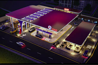 create 3d gas station shell, gas station interior, gas station store