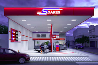 design realistic 3d fuel station, bus terminal, and shop