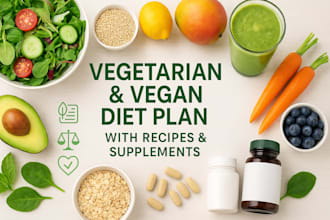 develop a vegetarian and vegan diet plan with recipes, and supplements