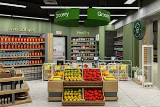 restyle 3d grocery store interior, supermarket render,mart design,space plan,cgi