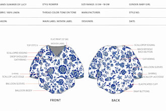 detailed kids tech pack for baby romper, kids t shirt, overall and pajamas set