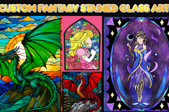 design stained glass fantasy line art, pixel mosaic character, mural digital art