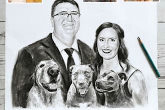 draw realistic pencil portrait, photo to sketch, pet, couple, family and digital