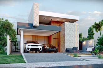 renovate 3d luxury exterior design, stone cladding, terrace,outdoor seating area