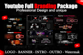 design a complete youtube branding pack horror intro,outro,banner,logo