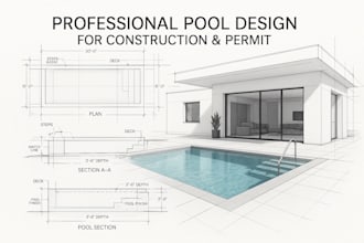 create detailed swimming pool design for permit and construction and pe stamp