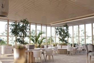 refurnish 3d biophilic cafe, beauty center,soft interior render,dining reception