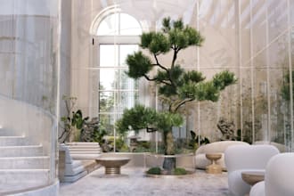 refine luxury 3d lobby reception,garden interior,biophilic wall panel,rvt render