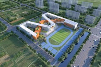 revitalize 3d school campus design,urban landscape,campus facilities, masterplan