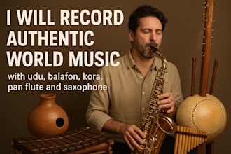 record authentic world music with udu, balafon, kora, pan flute and saxophone