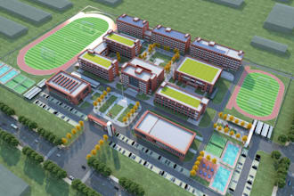 revitalize 3d school building,urban landscape,sport facility, institutional area