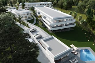 redesign 3d multi story building,hotel exterior facade,parking lot,cgi landscape