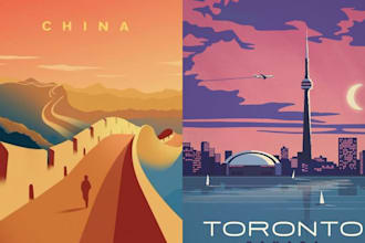 design vintage retro travel poster vector art deco landscape illustration