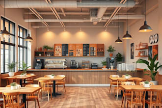 design a 3d model, interior decor for coffee shop, café, restaurant, hotel