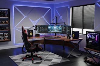 create 3d realistic render gaming room, streaming room, isolate room