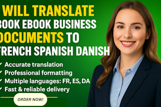 translate book ebook business documents to french spanish danish