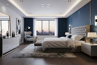 do interior design for kitchen, dining, bedroom, living room with rendering