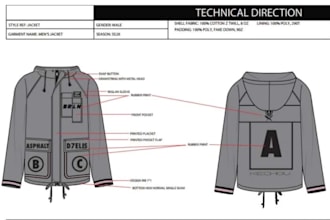 detailed clothing tech pack with size specs, hoodies, trim sheet, construction