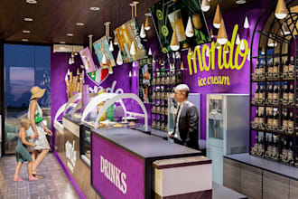 cgi commercial space,ice cream shop design,3d dessert lounge,cupcake shop render