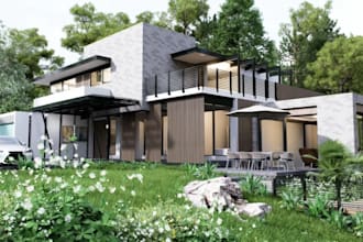 revitalize house exterior, mep drawing, landscape, outdoor scene, swimming pool