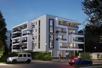 develop urban housing blocks, apartment complex exterior, block of flats render